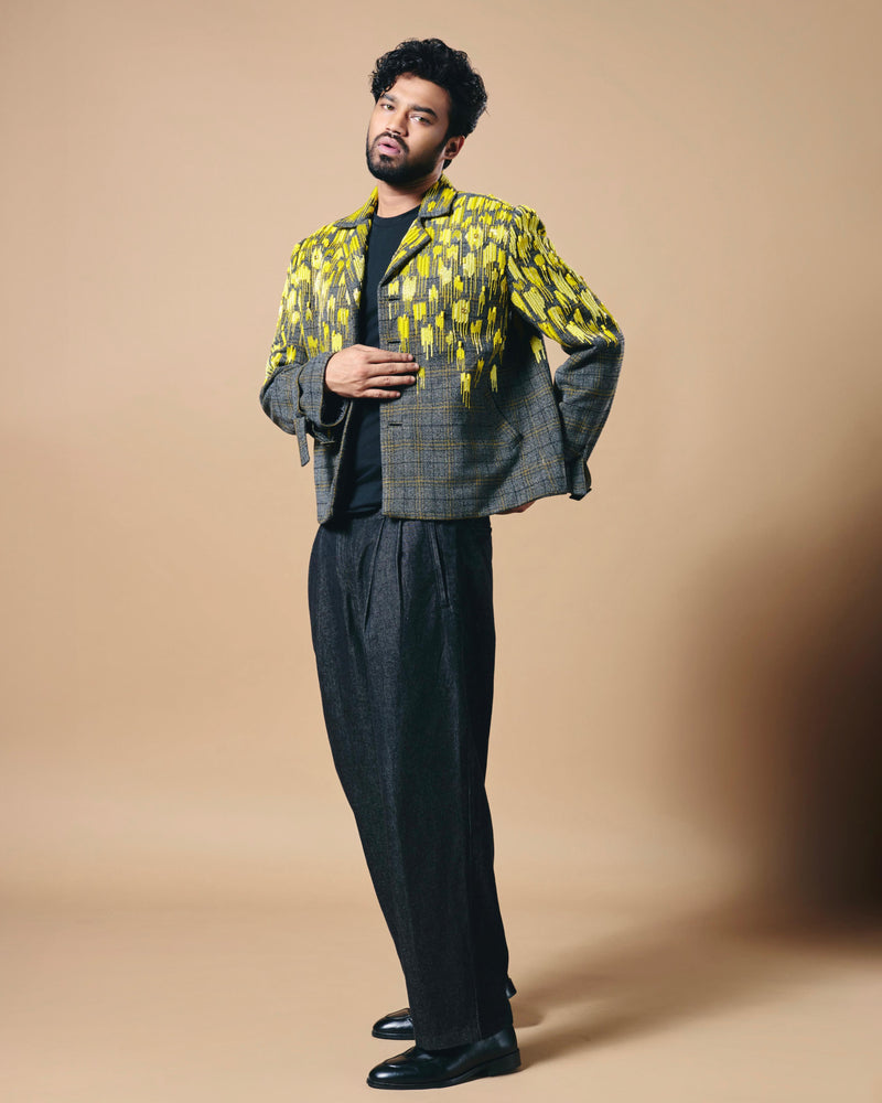 BABIL KHAN IN GREY CHECKS BLAZER WITH CANARY GLASS BEAD EMBROIDERY