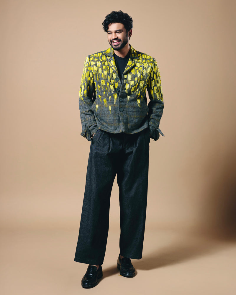 BABIL KHAN IN GREY CHECKS BLAZER WITH CANARY GLASS BEAD EMBROIDERY