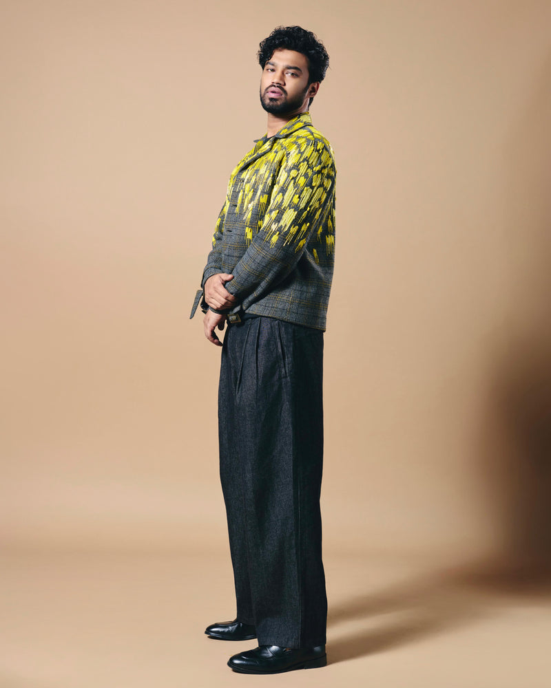 BABIL KHAN IN GREY CHECKS BLAZER WITH CANARY GLASS BEAD EMBROIDERY