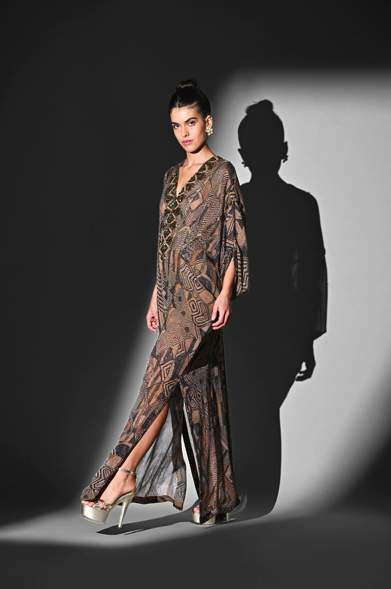 BROWN GEOMETRIC PRINT KAFTAN WITH BAROQUE HAND EMBROIDERY