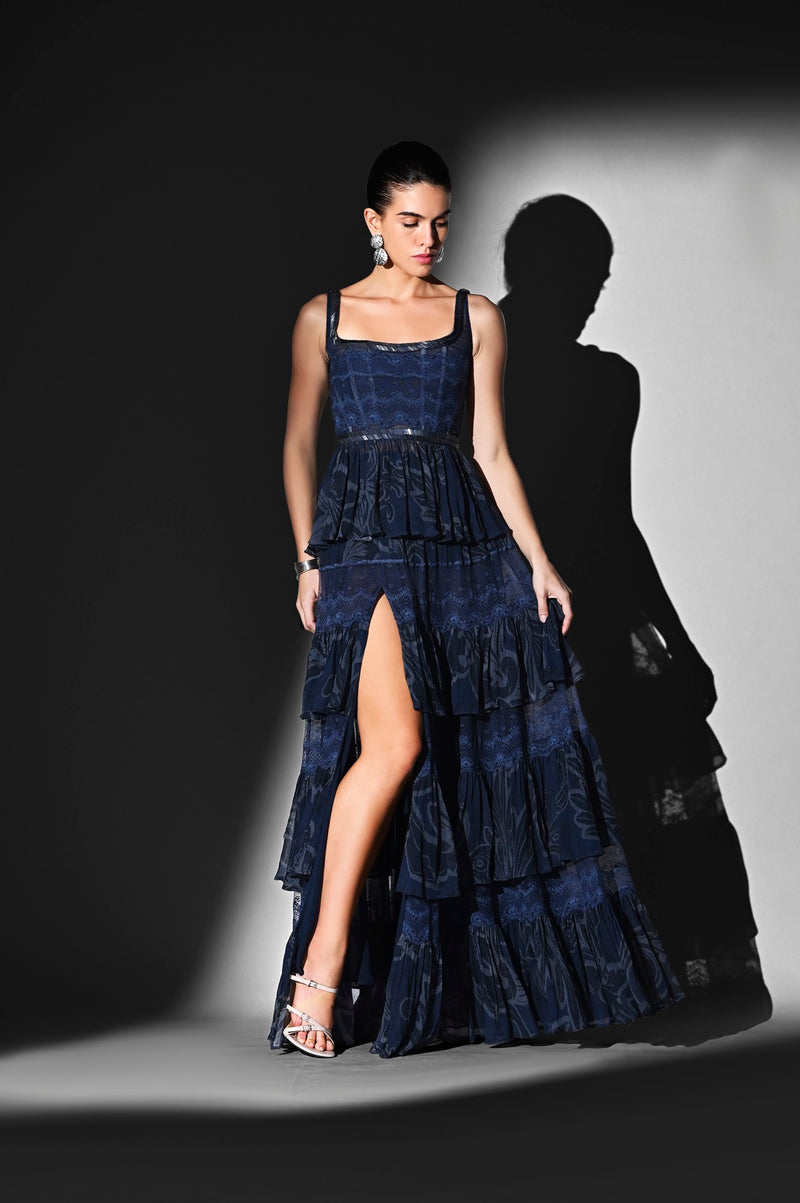 INDIGO SWIRL PRINT PEPLUM TOP WITH GLASS CUT PIPE AND TIER SKIRT