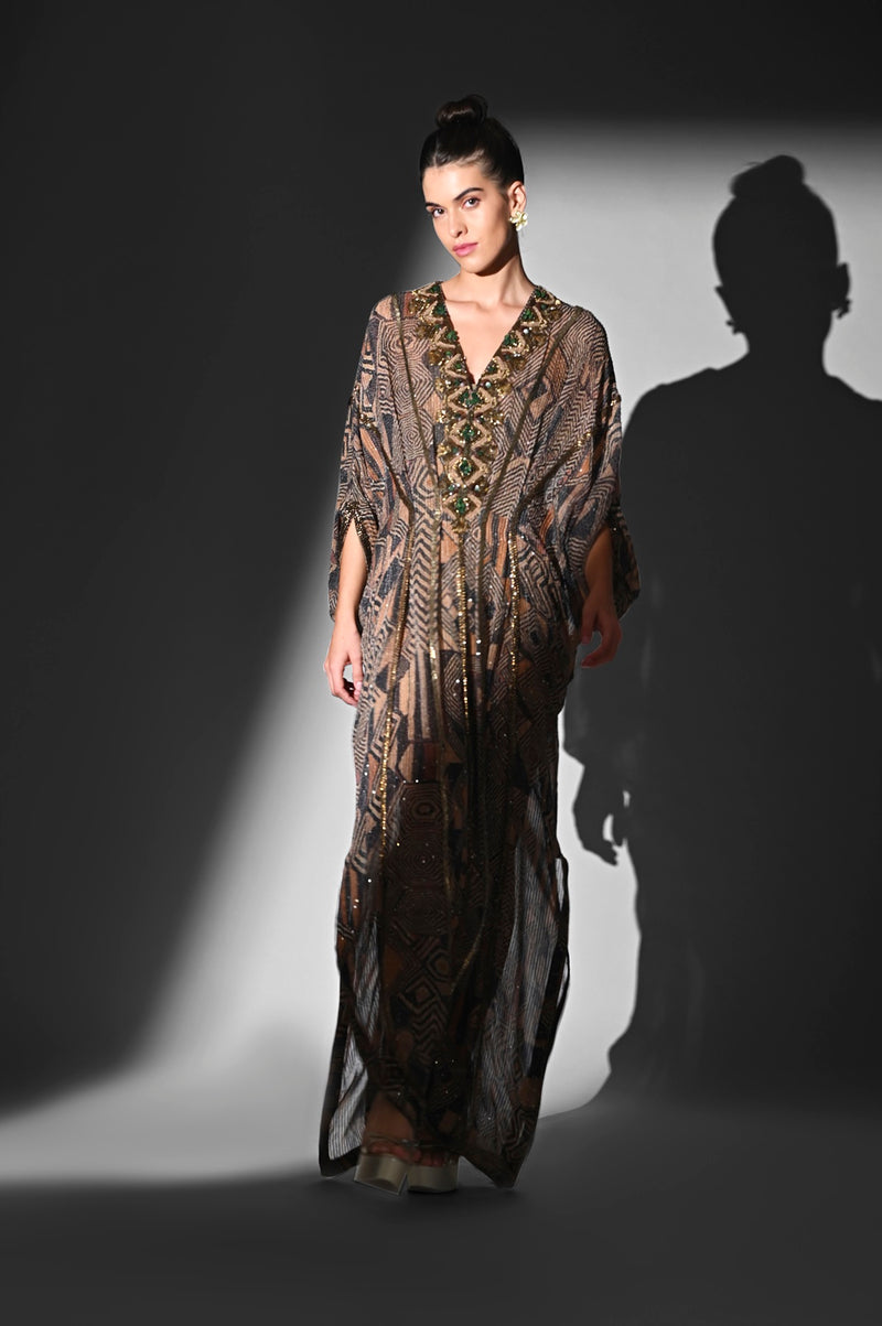 BROWN GEOMETRIC PRINT KAFTAN WITH BAROQUE HAND EMBROIDERY