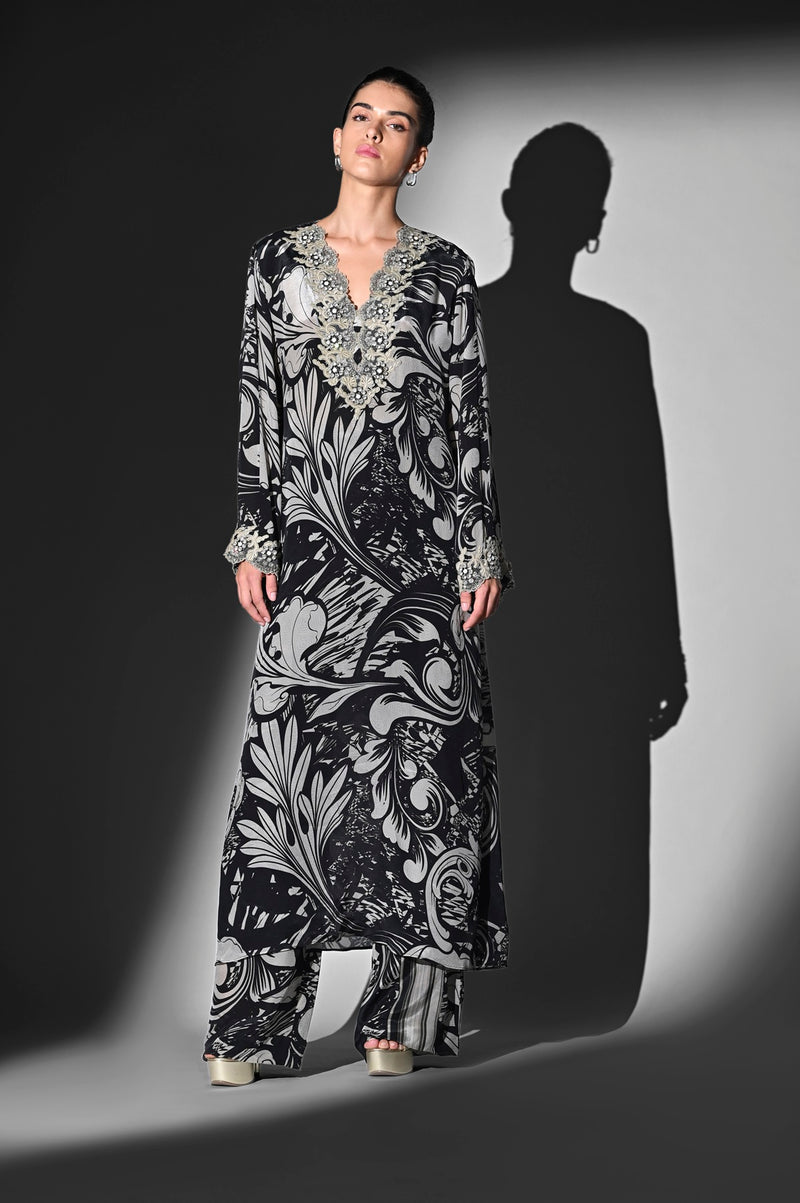 BLACK AND WHITE SWIRL PRINT KURTA WITH HANDTHREAD EMBROIDERY AND PANTS