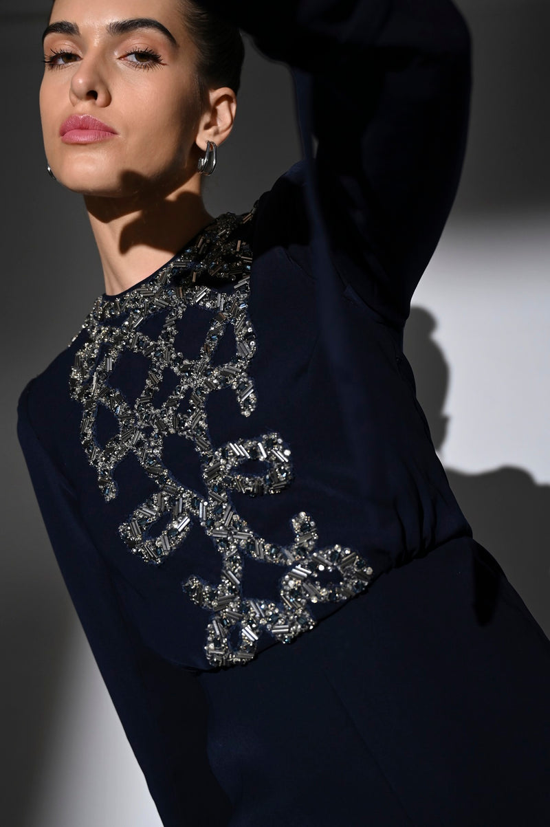 INDIGO BLUE FRONT SLIT DRESS WITH GUN-METAL EMBROIDERY