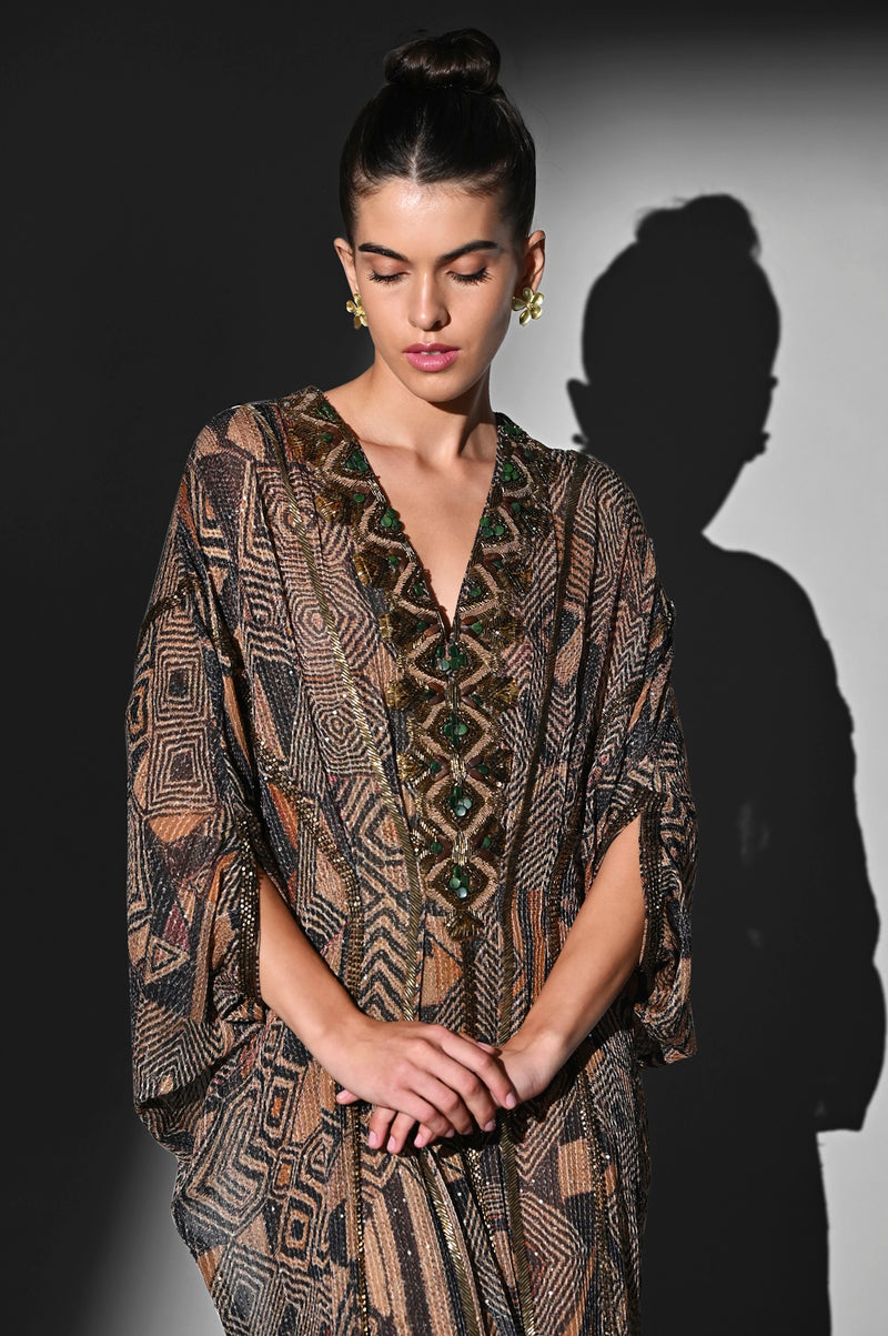 BROWN GEOMETRIC PRINT KAFTAN WITH BAROQUE HAND EMBROIDERY
