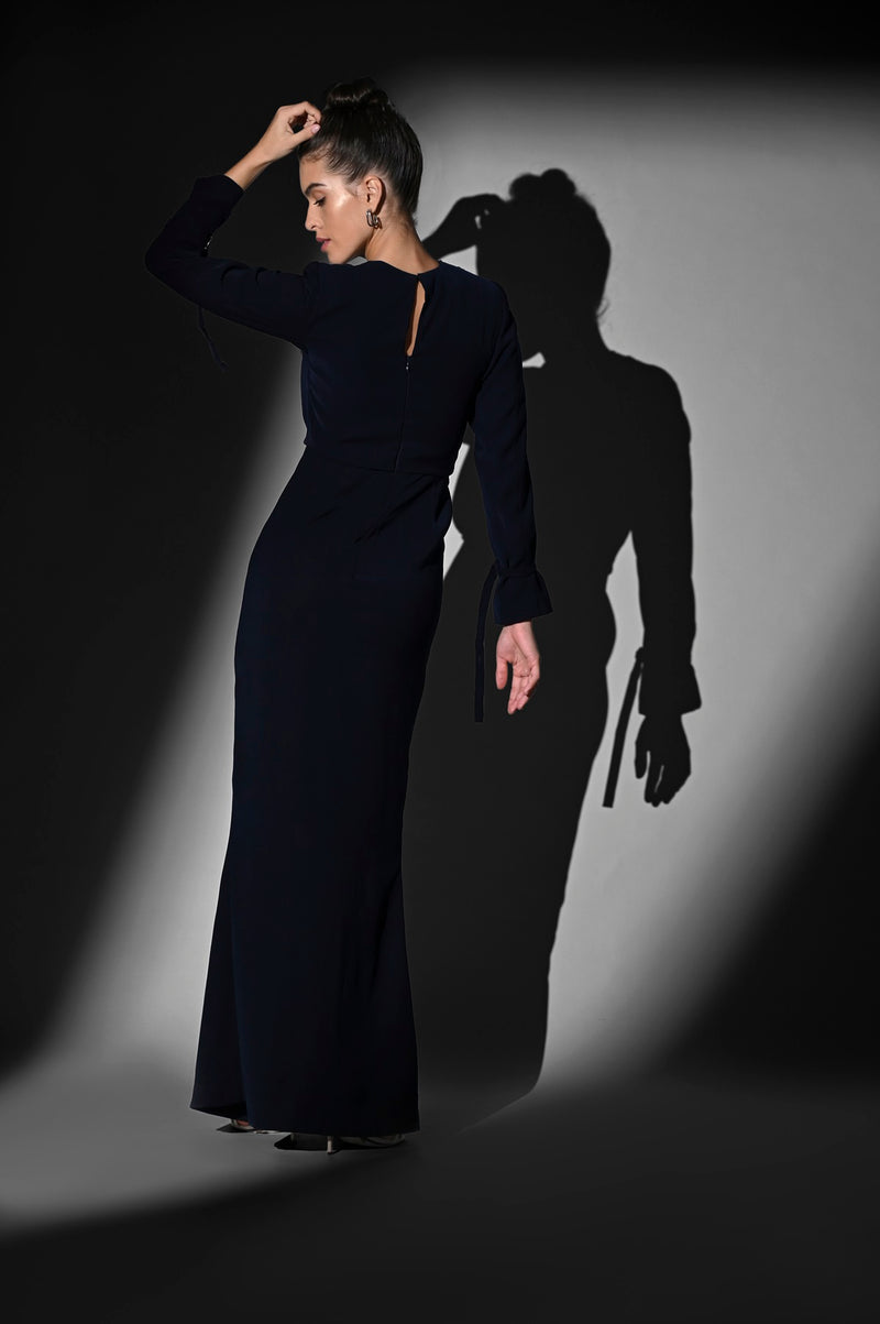 INDIGO BLUE FRONT SLIT DRESS WITH GUN-METAL EMBROIDERY