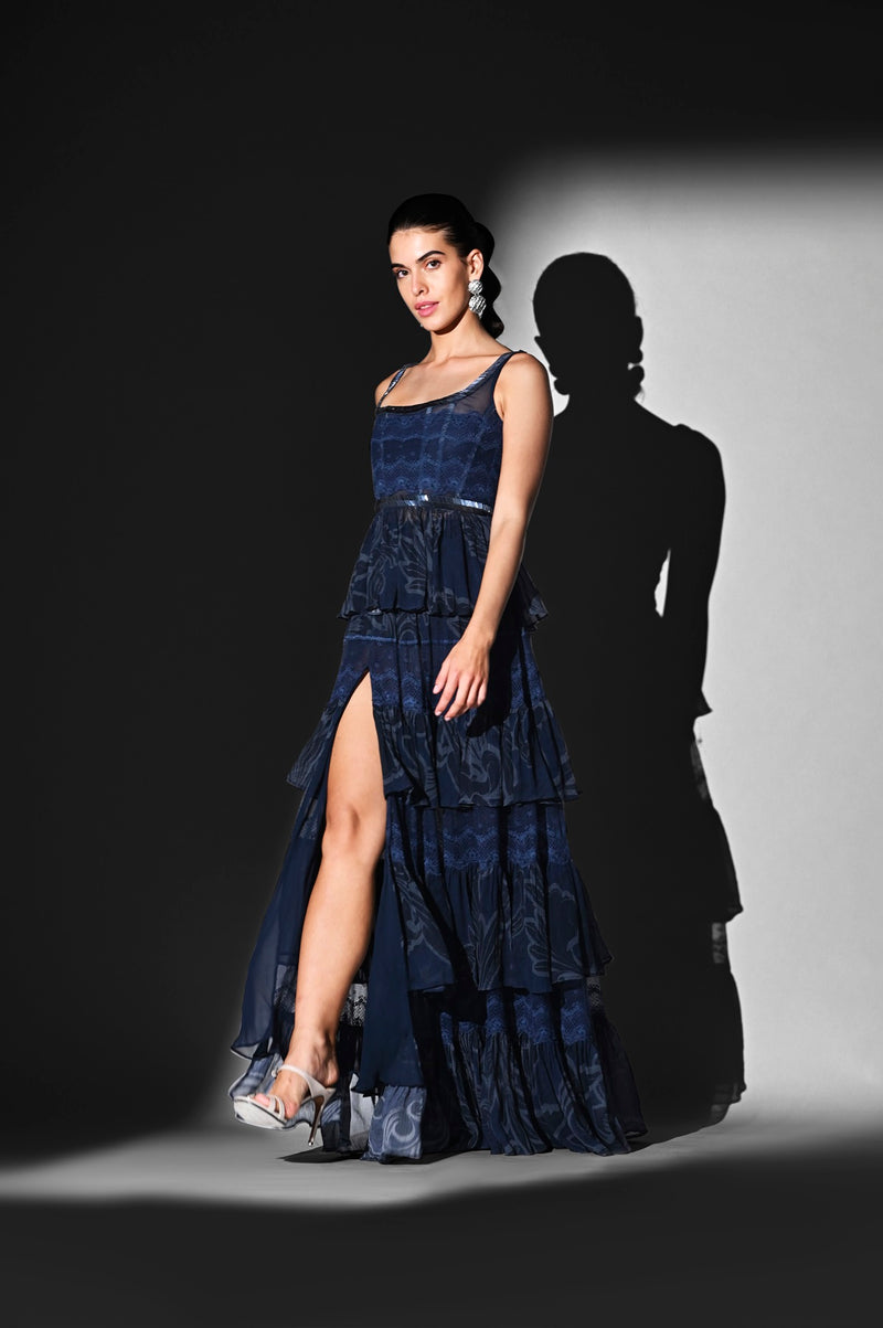 INDIGO SWIRL PRINT PEPLUM TOP WITH GLASS CUT PIPE AND TIER SKIRT
