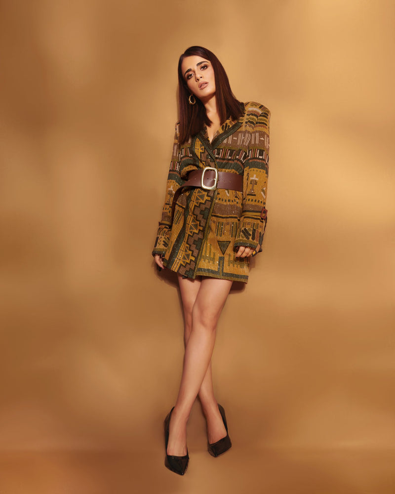 Radhika Madan in Mustard Aztec Print Jacket