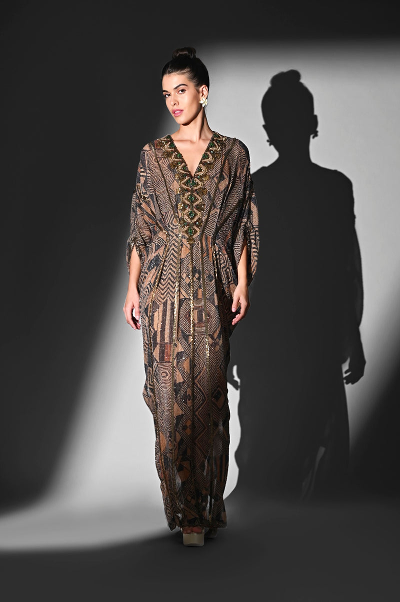 BROWN GEOMETRIC PRINT KAFTAN WITH BAROQUE HAND EMBROIDERY
