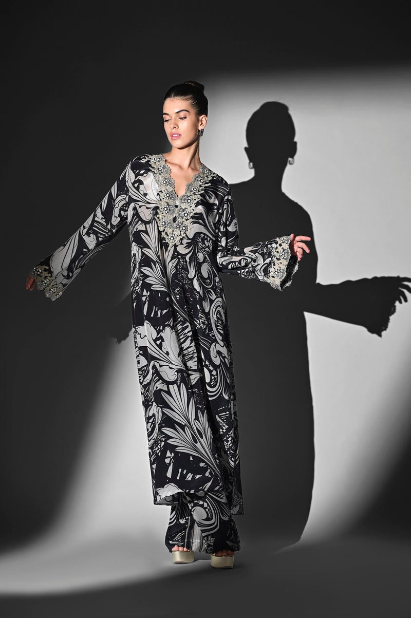 BLACK AND WHITE SWIRL PRINT KURTA WITH HANDTHREAD EMBROIDERY AND PANTS