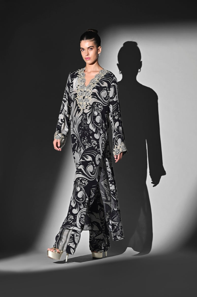 BLACK AND WHITE SWIRL PRINT KURTA WITH HANDTHREAD EMBROIDERY AND PANTS