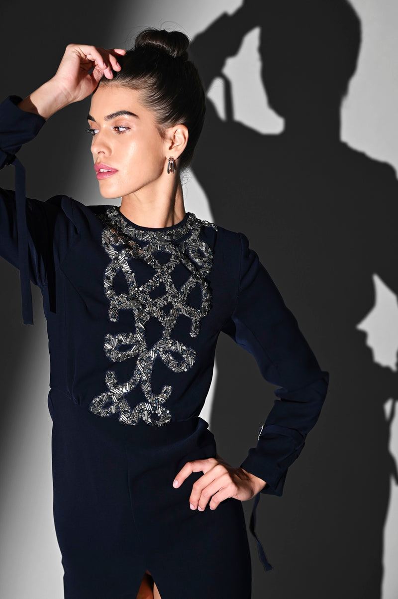 INDIGO BLUE FRONT SLIT DRESS WITH GUN-METAL EMBROIDERY