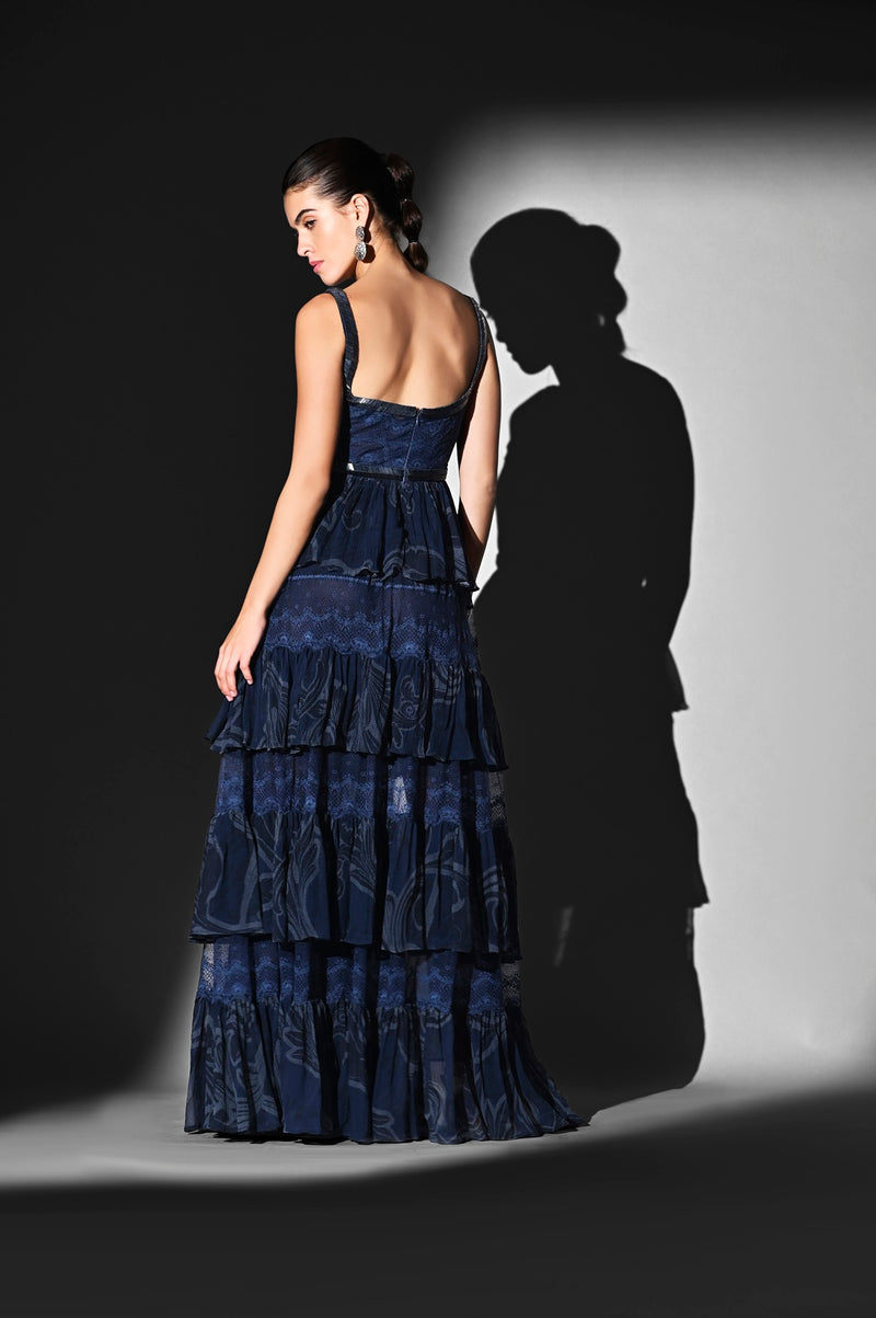 INDIGO SWIRL PRINT PEPLUM TOP WITH GLASS CUT PIPE AND TIER SKIRT