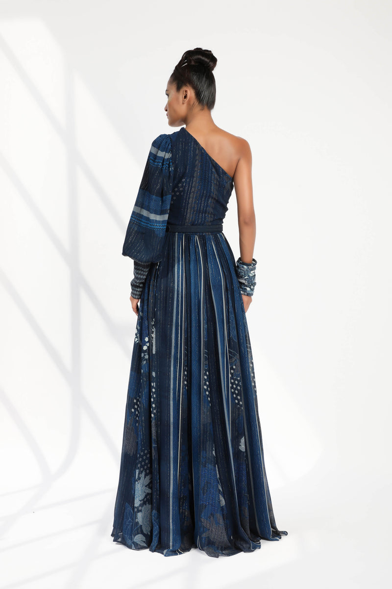 Indigo Blue Floral Print One Shoulder Dress With Belt