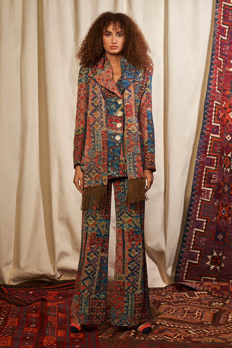 Carpet Print Pant Suit And Fringed Scarf