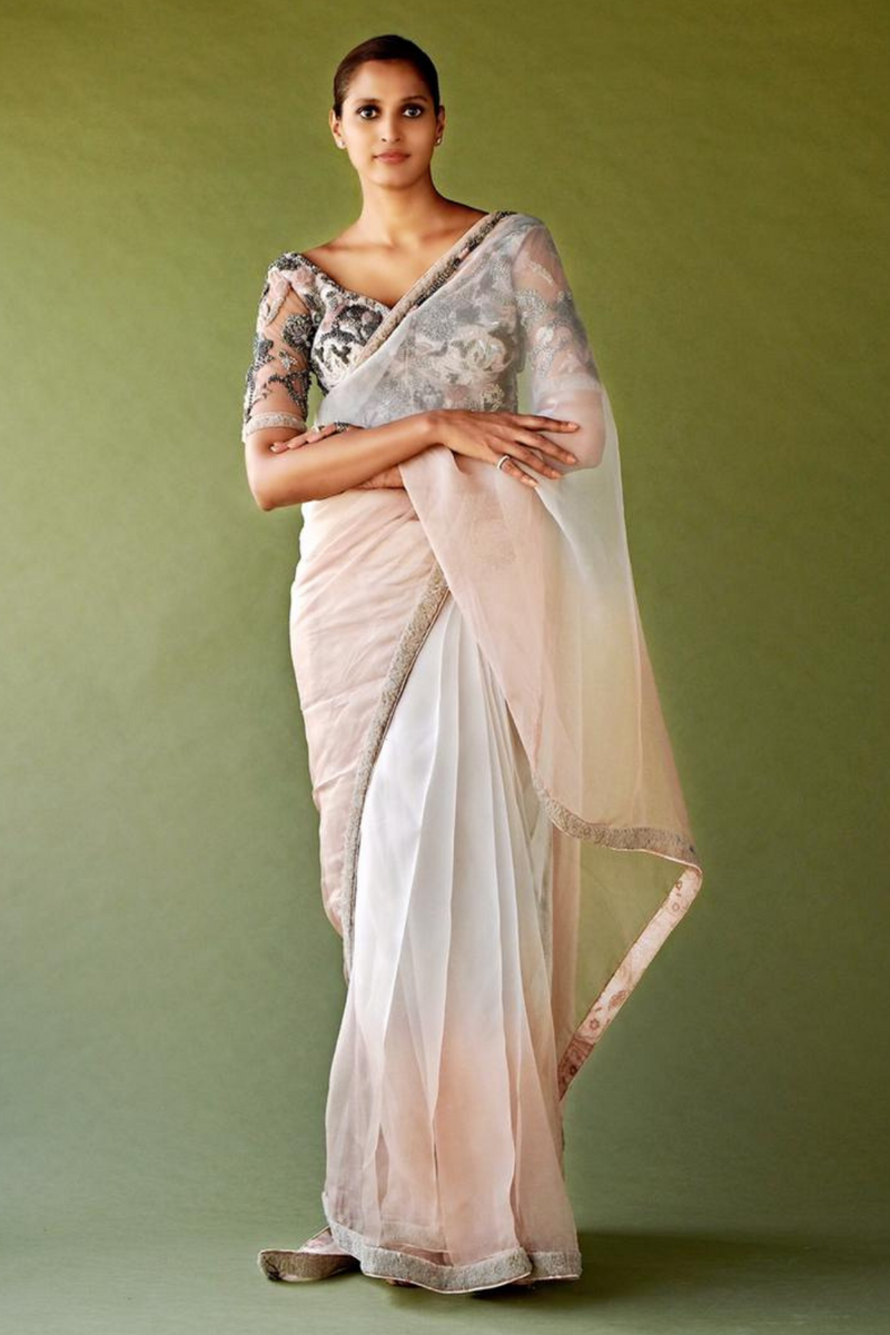 Blush Pink Ombre Saree & Pewter Hand Embellished Blouse