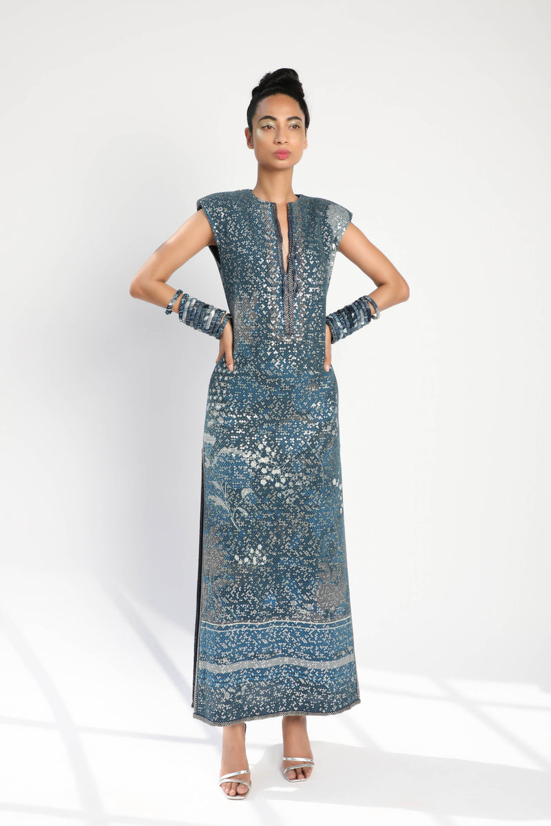 Indigo Blue Floral Sheeted Side Slit Dress