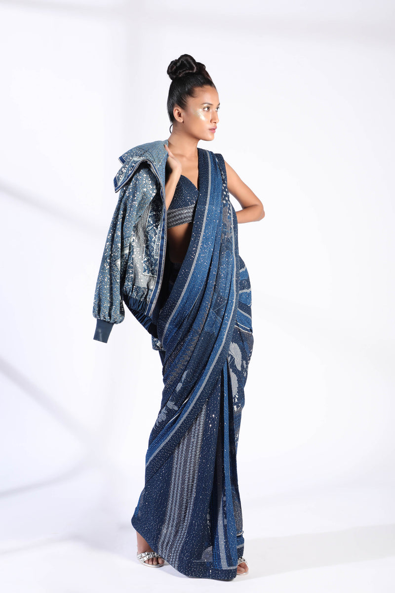 Indigo Blue Floral Two Piece PrePleated Saree With Sheeted Georgette Blouse