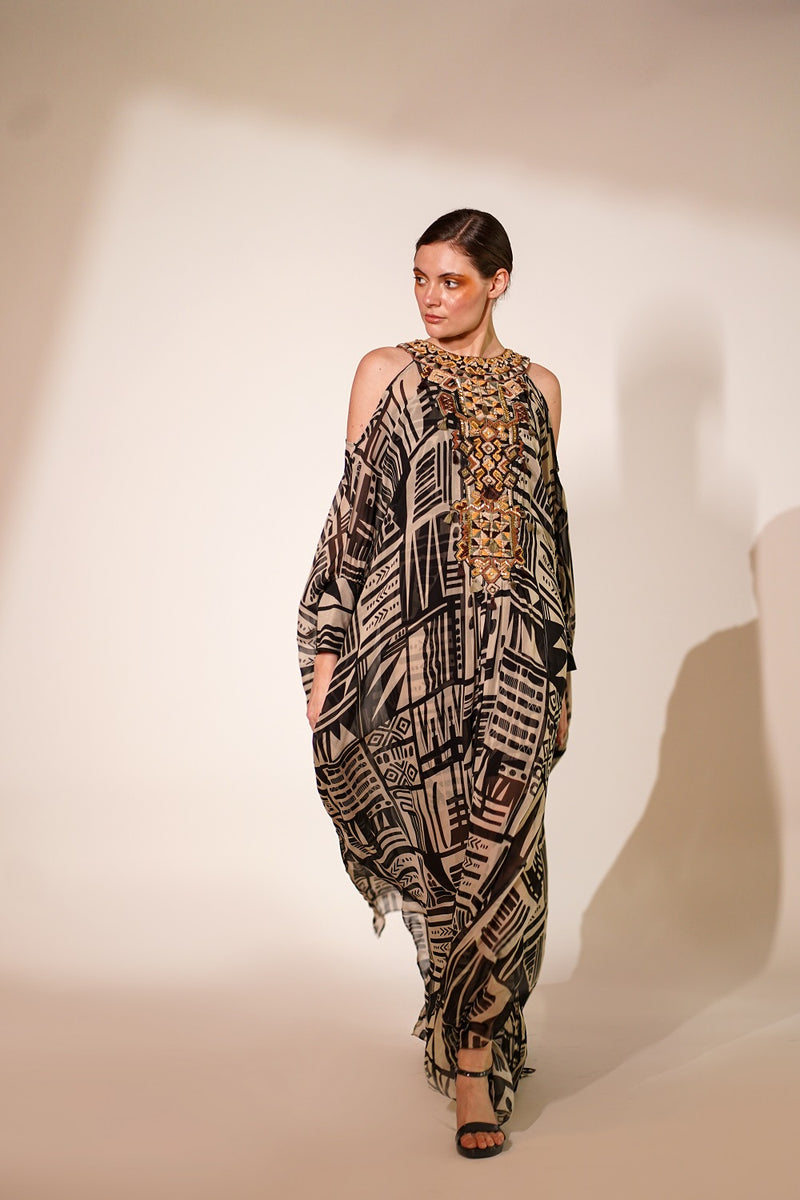 White Base Abstract Print Kaftan With Hand Thread And Wooden Embellishment