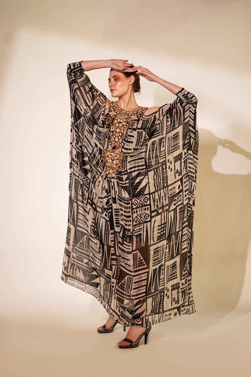 White Base Abstract Print Kaftan With Hand Thread And Wooden Embellishment