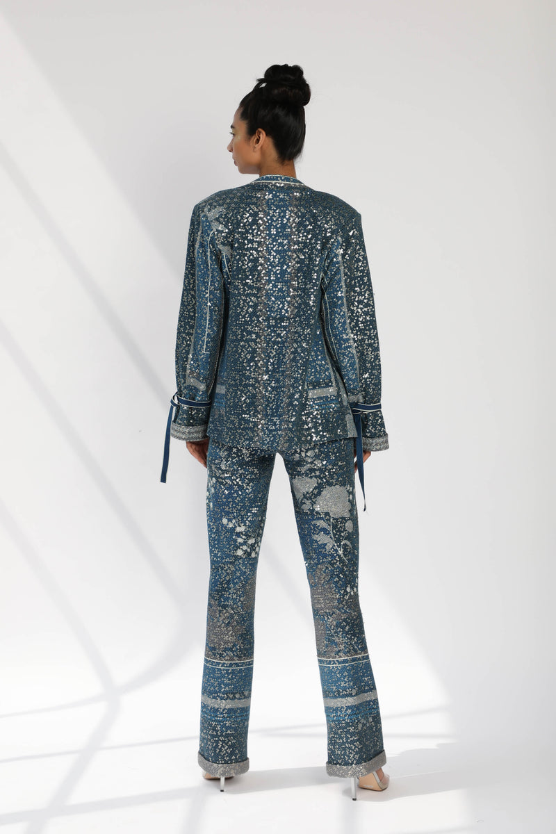 Indigo Blue Sheeted Crepe Floral Print Pant Suit
