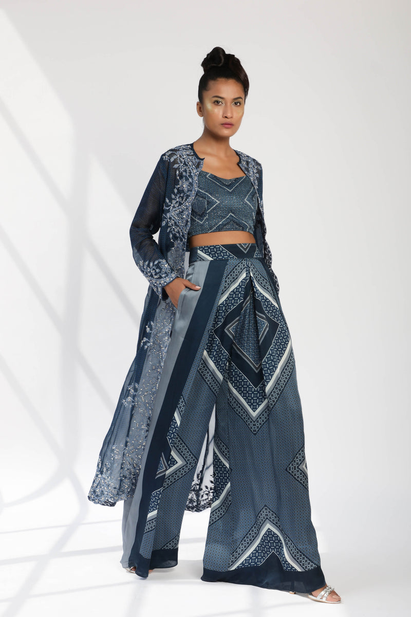 Indigo Blue Organza Quatrefoil Print Jacket With Threadwork And Box Pleated Pants And Georgette Crop Blouson