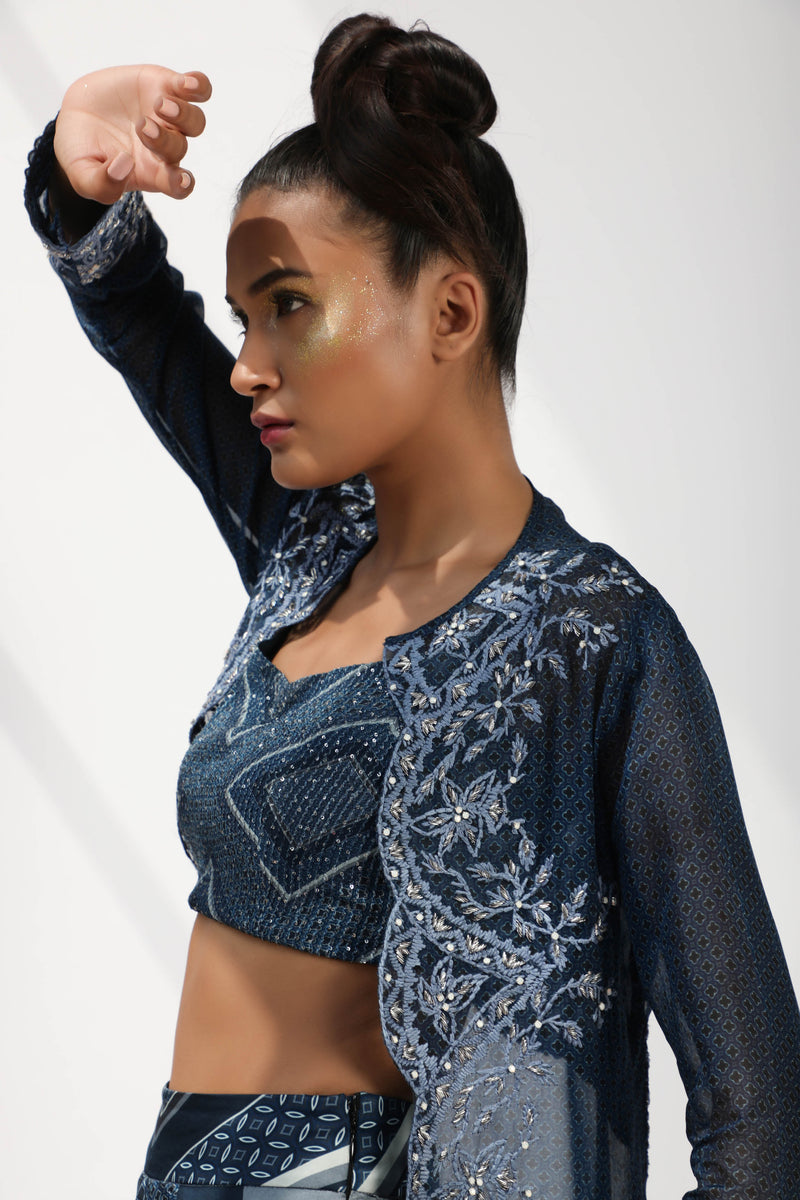 Indigo Blue Organza Quatrefoil Print Jacket With Threadwork And Box Pleated Pants And Georgette Crop Blouson