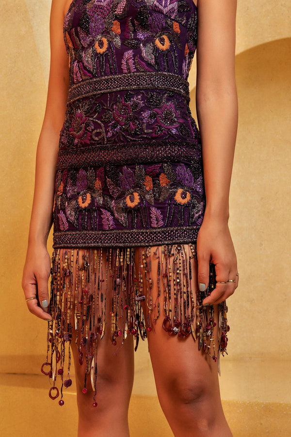Aubergine Tube Dress With Hand Thread & Metallic Embellishments