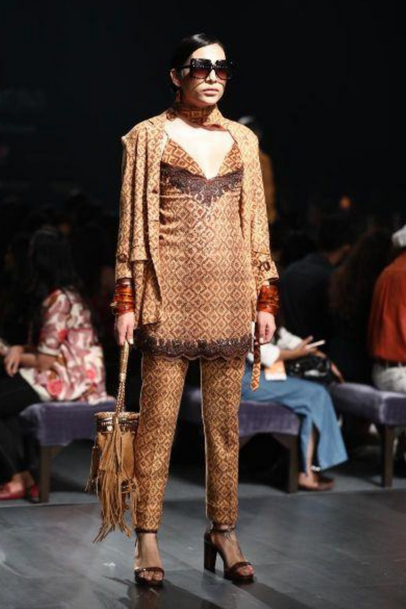 Sequin Sheeted Beige-Brown Basket Weave Print Blazer & Pants