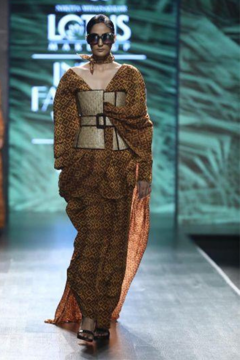 Beige-Brown Basket Weave Print Off-Shoulder Dress
