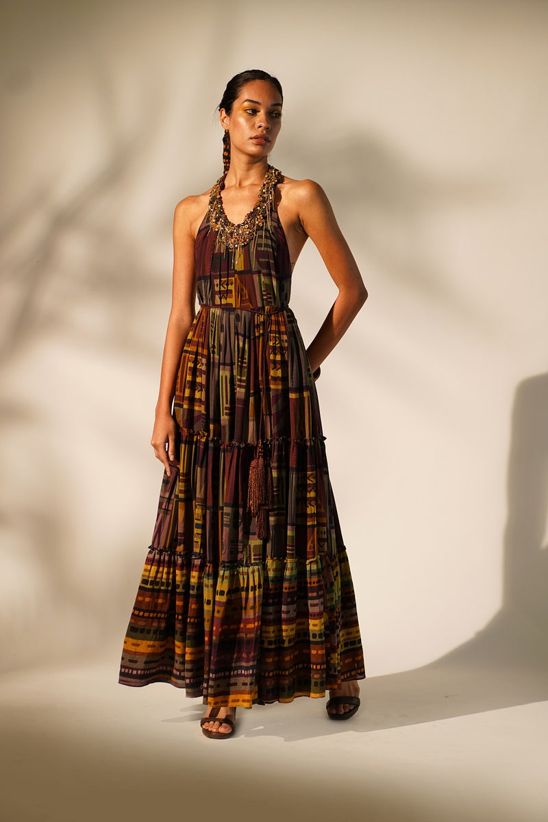 Multicolour Abstract Print Maxi  With Hand Baroque In Metallic Embellishment