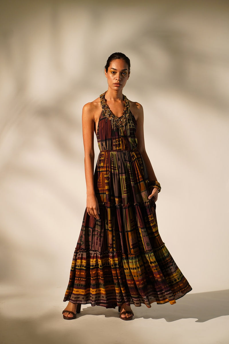 Multicolour Abstract Print Maxi  With Hand Baroque In Metallic Embellishment