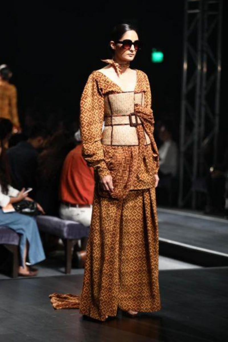 Beige-Brown Basket Weave Print Pants With Attached Drape