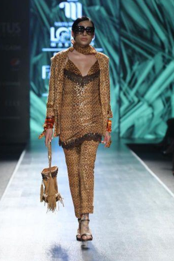 Sequin Sheeted Beige-Brown Basket Weave Print Short Dress With Same Print Bralette