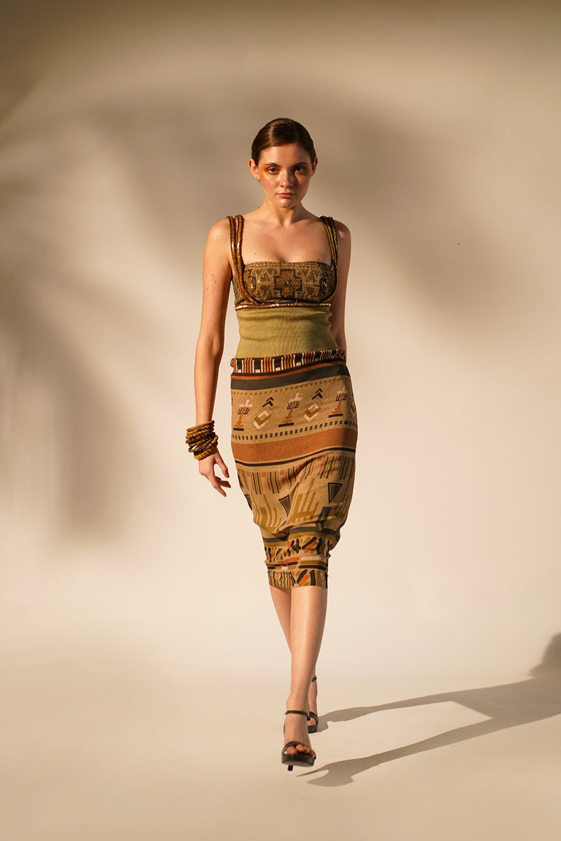 Green Aztec Print Rib Dress With Hand Thread And Wooden Embellishment