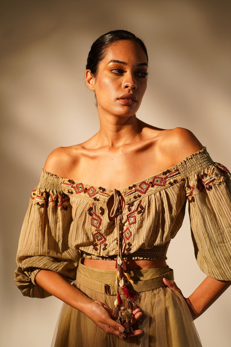 Off Shoulder Beige Top With Embroidery