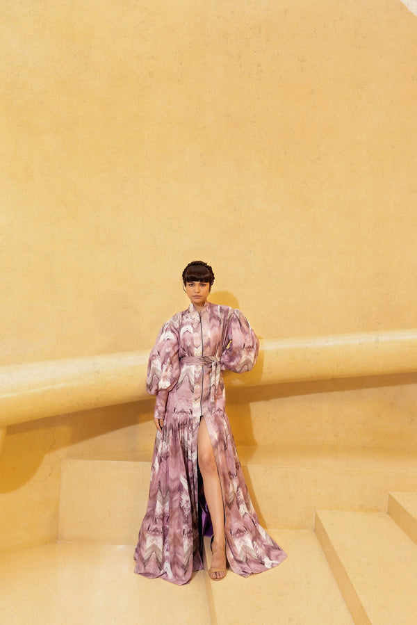 Lilac Floss Print Dress With Slit & Belt