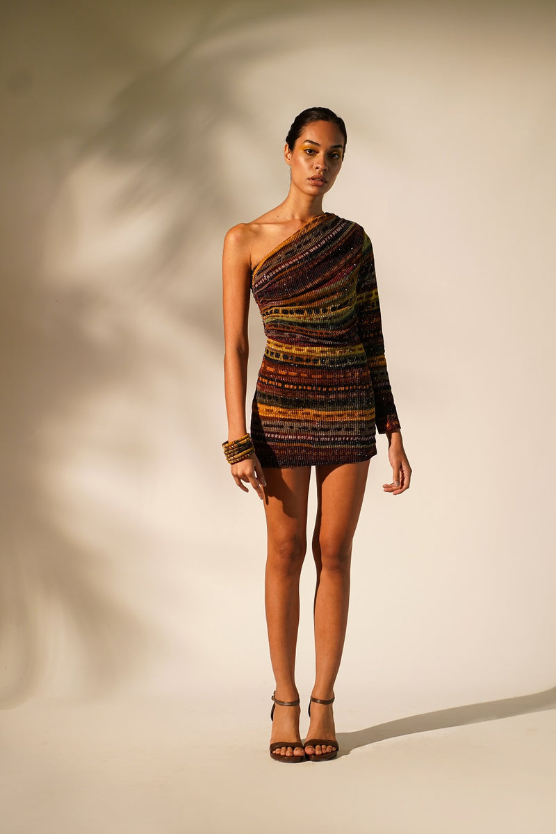 Multicolour Stripe Print One Shoulder Short Dress