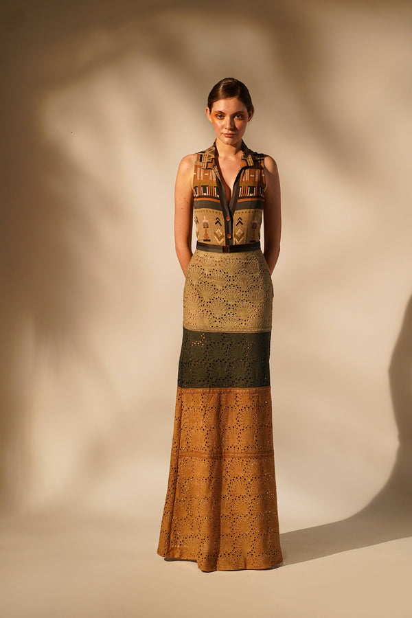 Green Aztec Print Schiffli Skirt
