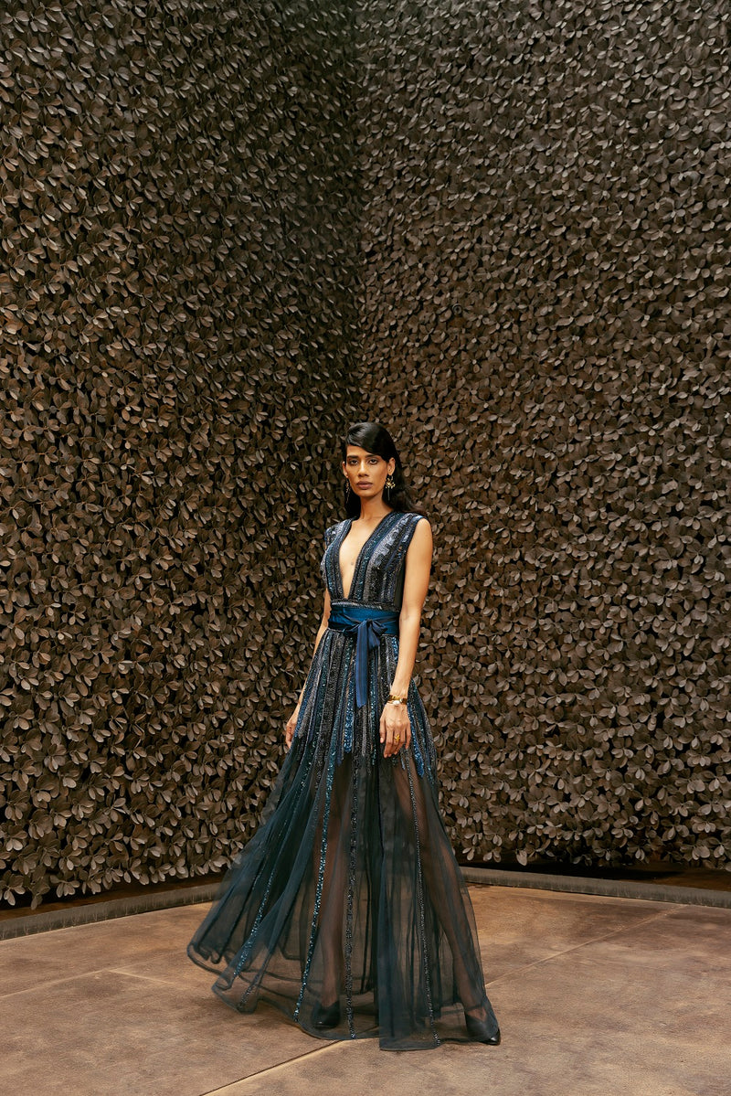 Midnight Tulle Dress With Hand Baroque in Metallic Elements & Stones