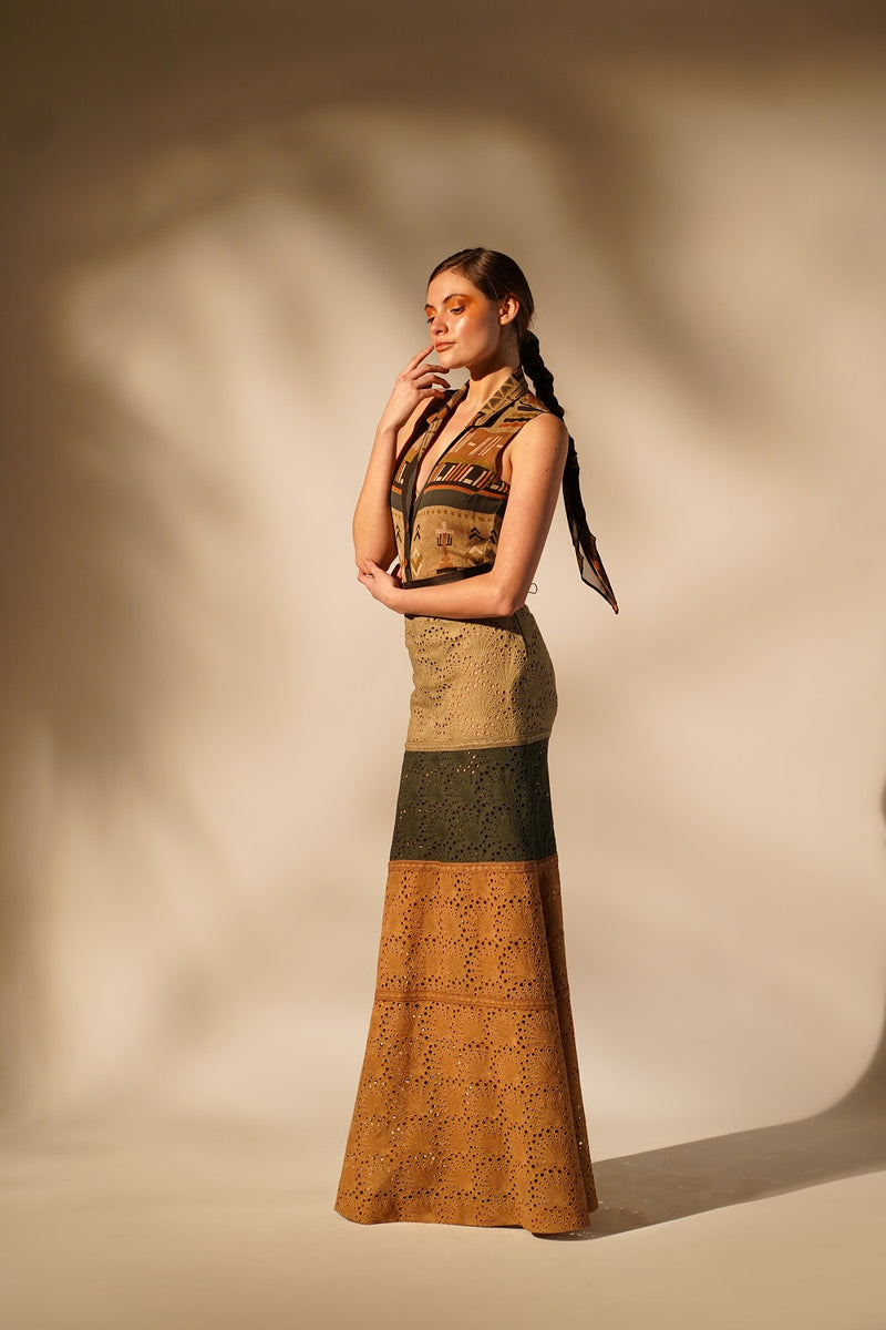 Green Aztec Print Schiffli Skirt