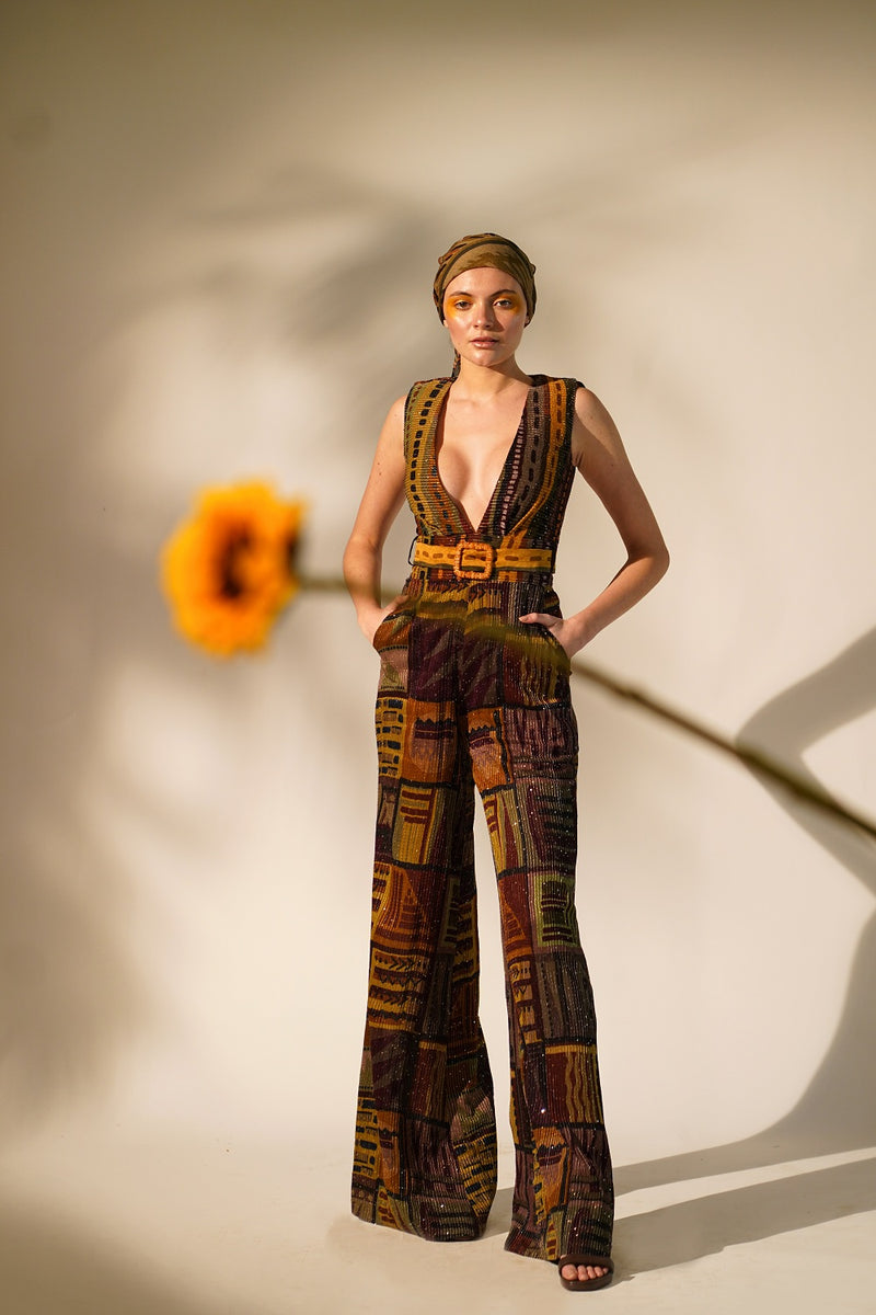 Multicolour Abstract Print Jumpsuit With Belt