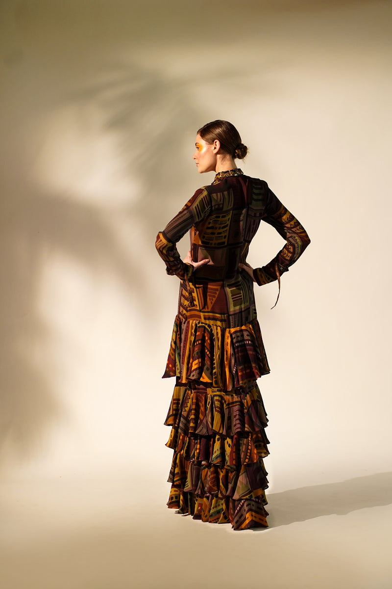 Multicolour Abstract Print Tiered Maxi With Hand Baroque In Metallic Embellishment