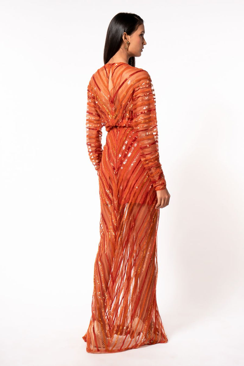 Tangerine Gown With Sequenced Handwork