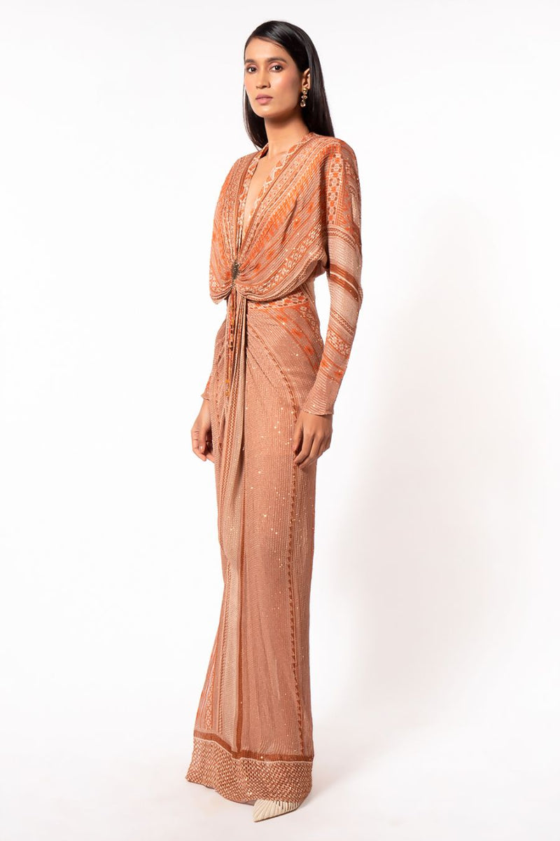 Dark Beige Placement Print Draped Maxi Dress Nikita Mhaisalkar Dark Beige Placement Print Draped Maxi Dress Nikita Mhaisalkar