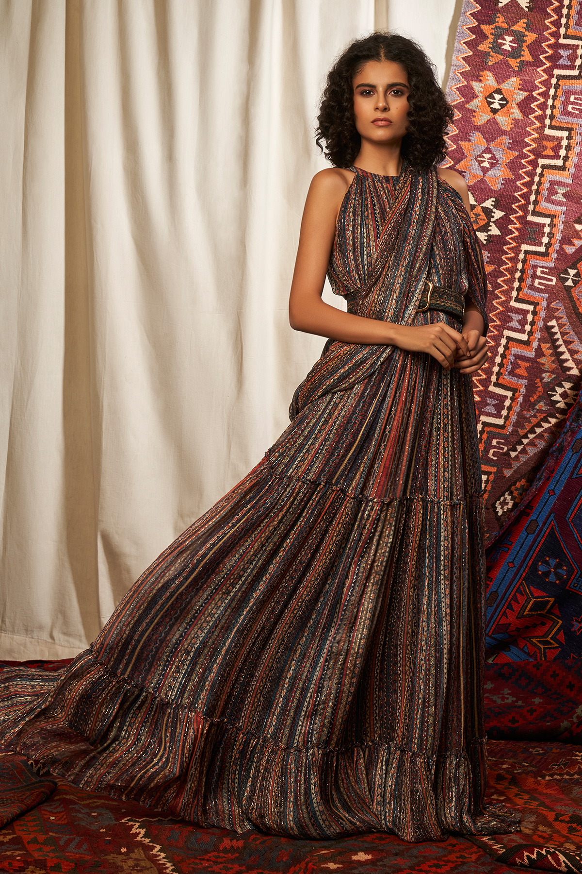 Stripes Print Saree Maxi Dress With Belt  Nikita Mhaisalkar