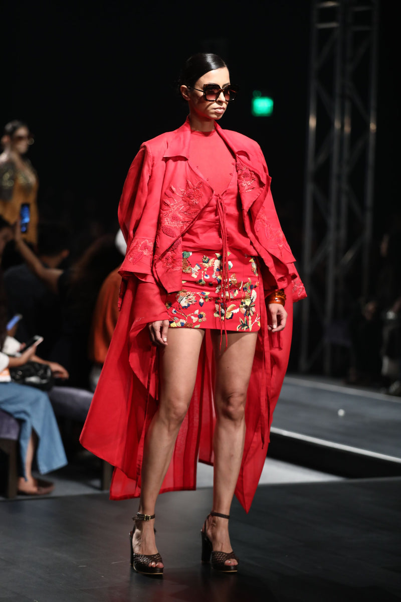 Cherry Red Trench Coat With Tonal Embroidery