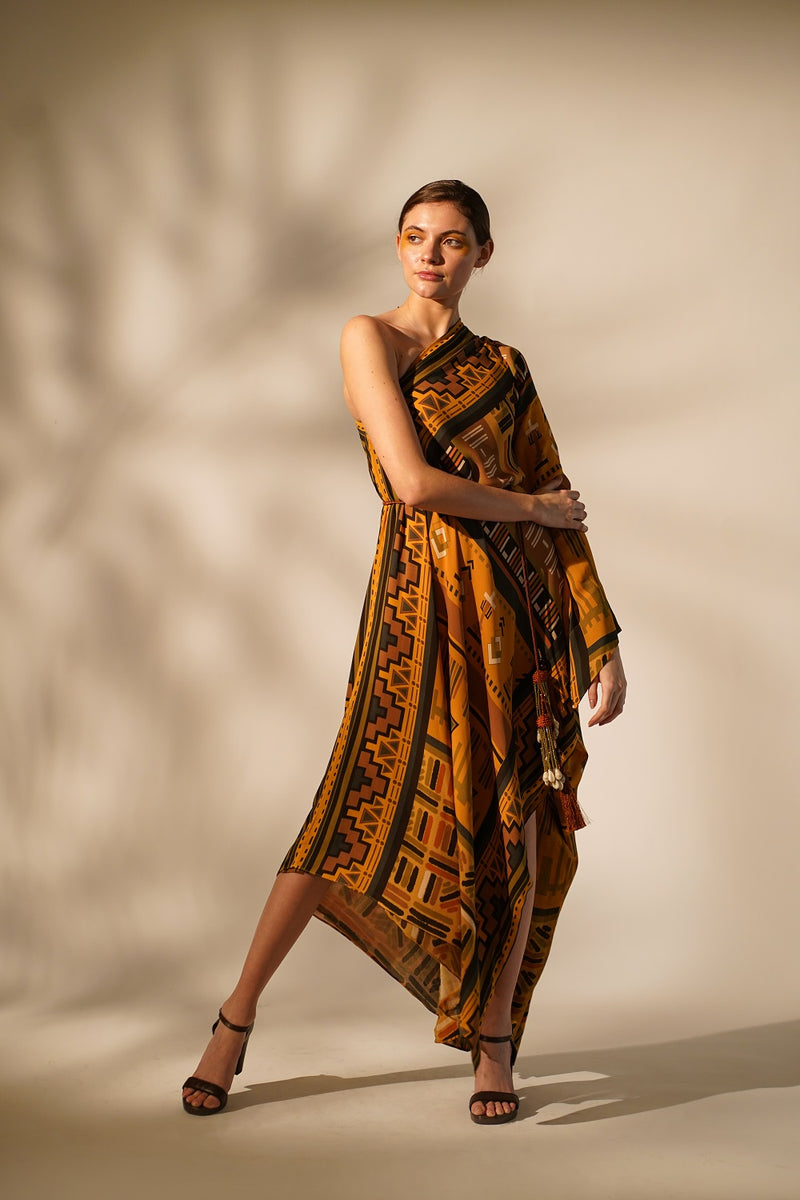 Mustard Aztec Print One Shoulder Dress