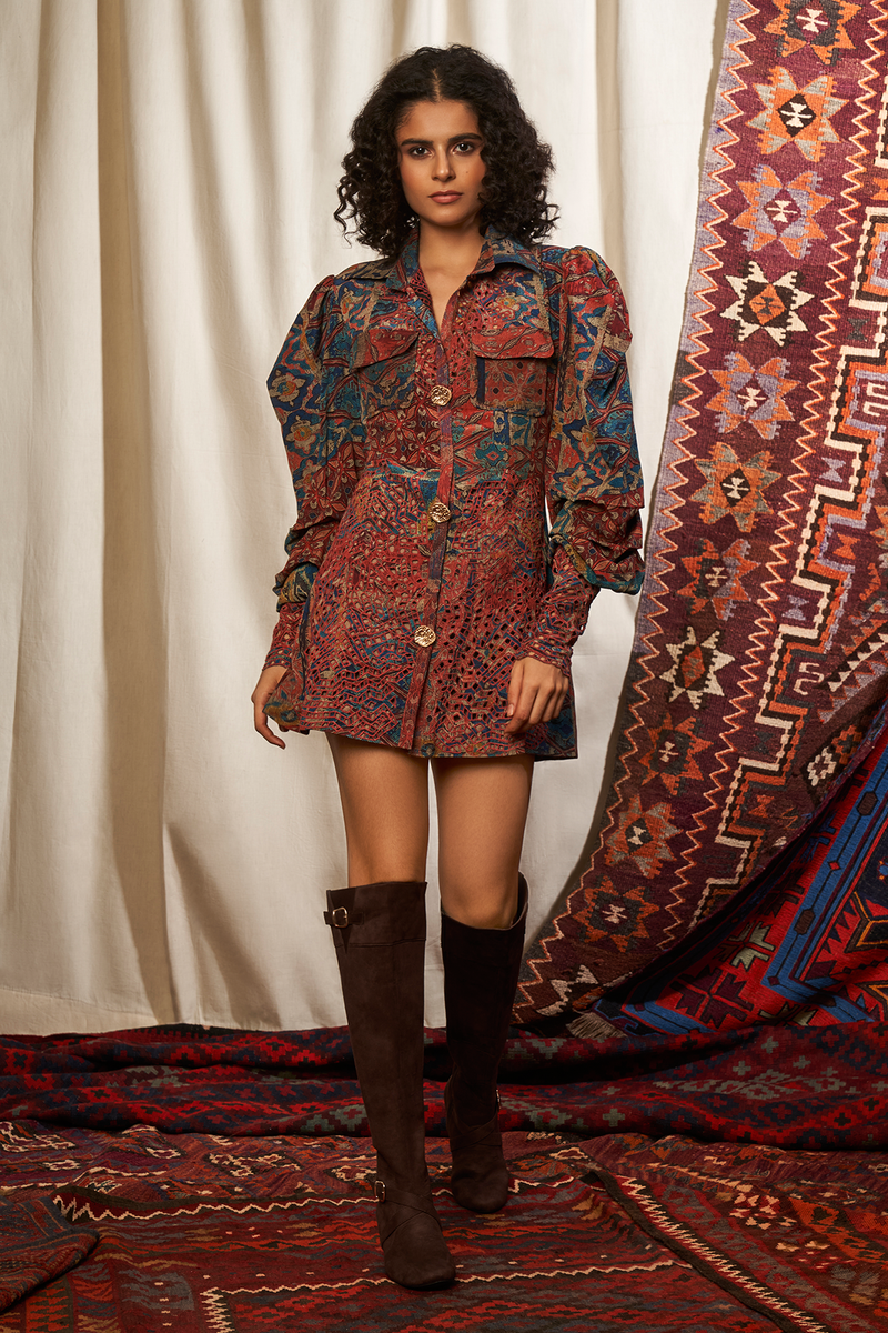 Carpet Print Cutwork Dress With Mutton Sleeves