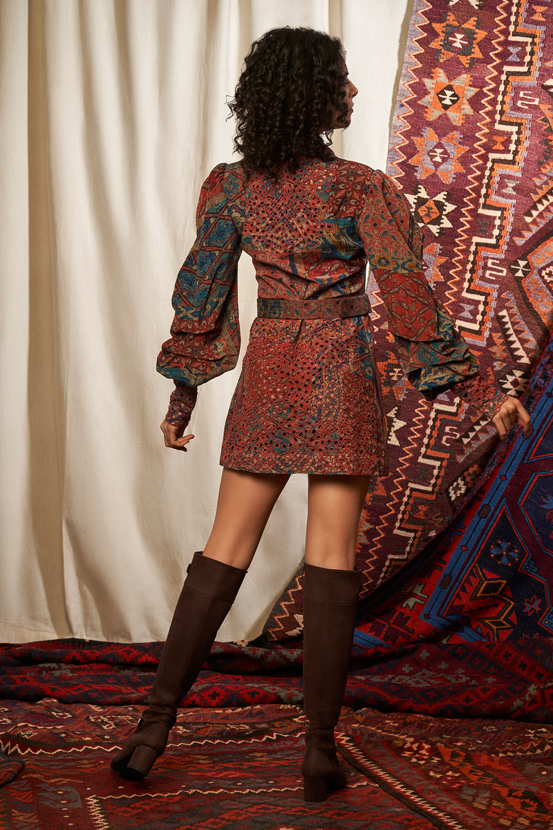 Carpet Print Cutwork Dress With Mutton Sleeves